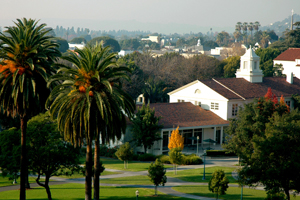 View across lower quad of Whittier College campus.