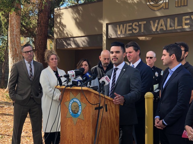 Matt Hernandez ’16 speaks at a press conference in Los Angeles. Hernandez studied sociology at Whittier College and now works as the government affairs director for the Los Angeles City Fire Department. | Courtesy Matt Hernandez