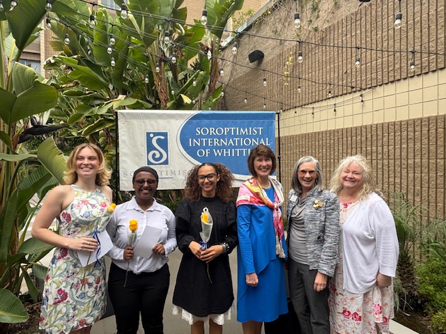From left: Ella Calder ’26, Malika Tadesse ‘27, Paige Meyer-Draffen ‘26, Whittier College President Kristine Dillon, Assistant Vice President of Student Wellness and Soroptimist member Rebecca Romberger, and Vice President of Student Life and Dean of Students Xenia Markowitt.