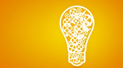 yellow box with graphic of white lightbulb with gears inside