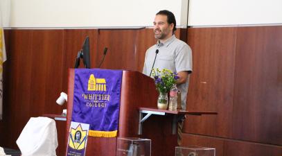 Shane Barclay of Japanball introduces Kim Ng’s portion of the Shrine of Eternals induction ceremony Sunday, Aug. 4, at Whittier College. | Courtesy Whittier College