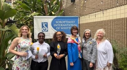 From left: Ella Calder ’26, Malika Tadesse ‘27, Paige Meyer-Draffen ‘26, Whittier College President Kristine Dillon, Assistant Vice President of Student Wellness and Soroptimist member Rebecca Romberger, and Vice President of Student Life and Dean of Students Xenia Markowitt.