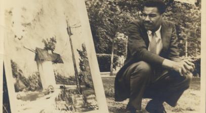 Paul Moses next to his painting "Ice House," c. 1956. (Collection of Michael A. Moses)