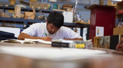 A Whittier College student takes a test.