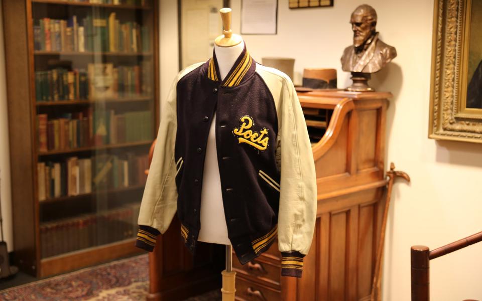 Whittier College letterman jacket on display in Wardman Library.